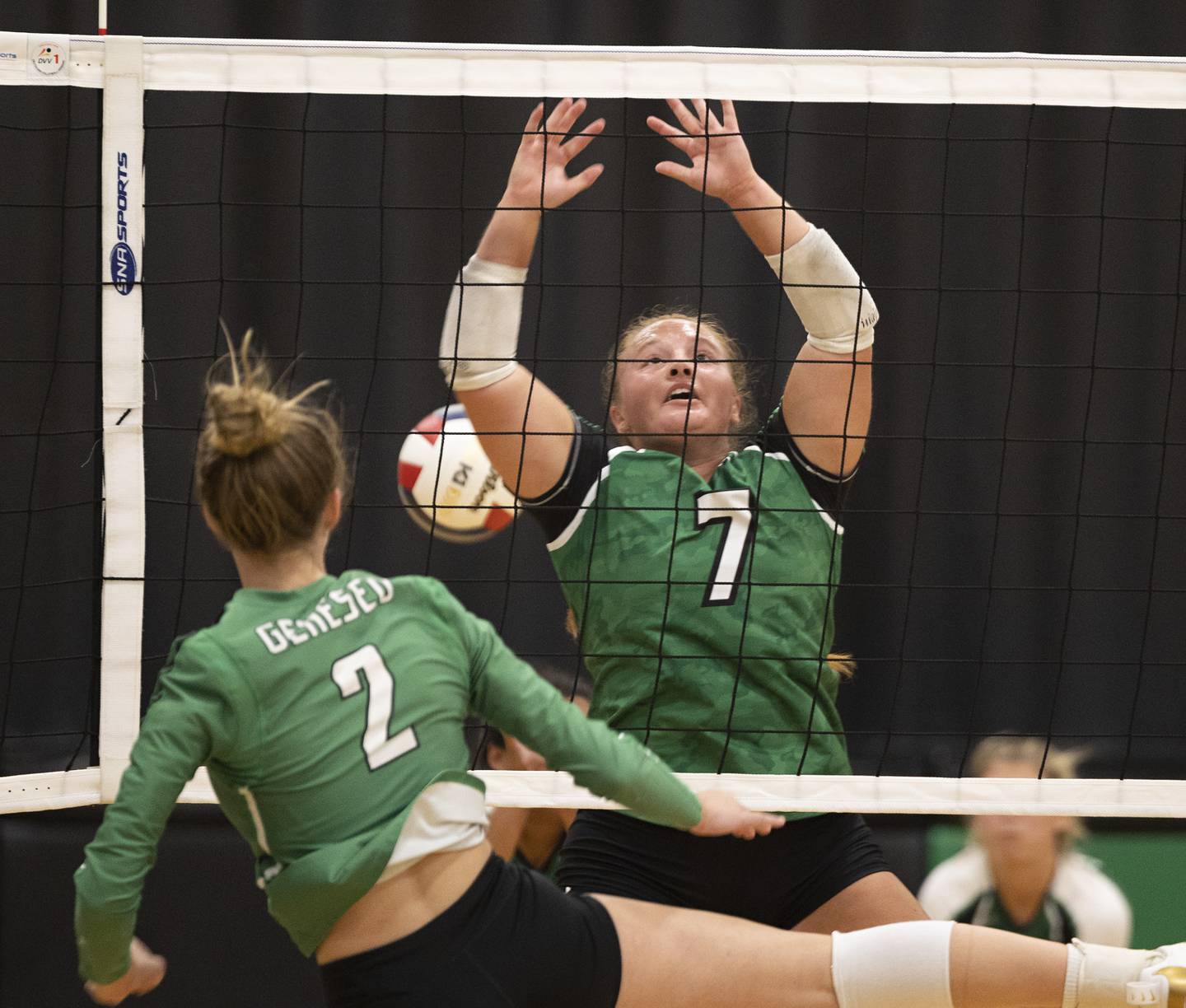 Rock Falls’ Denali Stonitsch can’t block a shot by Geneseo’s Elizabeth Rapps Tuesday, August 22, 2023.
