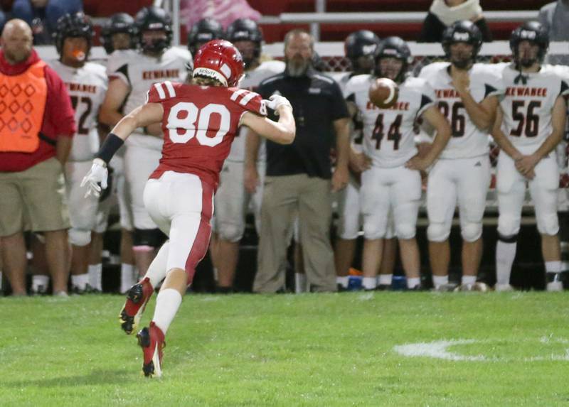 Hall's Chase Burkhart misses a pass against Kewanee on Friday, Sept. 27, 2024 at Richard Nesti Stadium.