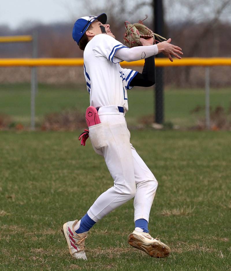 Hinckley-Big Rock’s Skyler Janeski catches a popup in shallow left field during their game against Polo Thursday, April 3, 2025, at Hinckley-Big Rock High School.