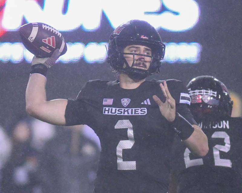 Northern Illinois Huskies quarterback Ethan Hampton (2) completes a pass during the game on Wednesday Nov. 13, 2024, while taking on Akron at Huskie Stadium in DeKalb.