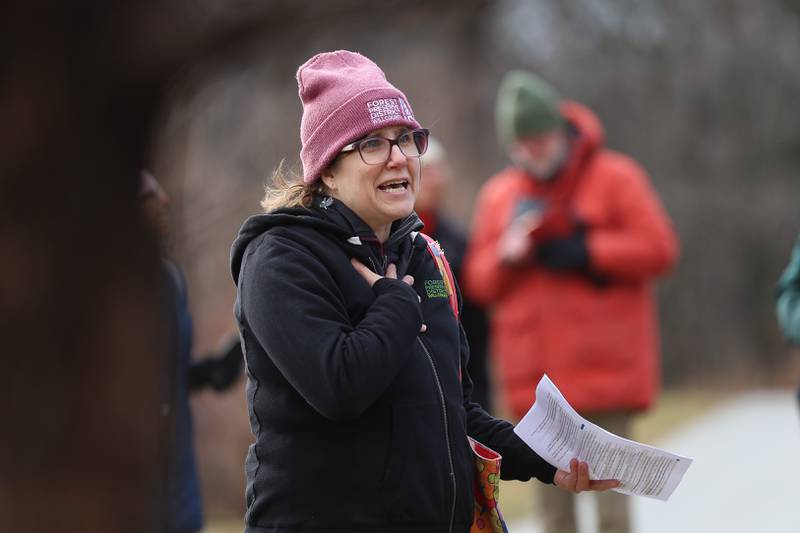 Interpretive Naturalist Angela Rafac educates bird enthusiasts during an outdoor guided tour at Four Rivers Environmental Education Center’s annual Eagle Watch on Saturday, Jan 10, 2026 in Channahon.