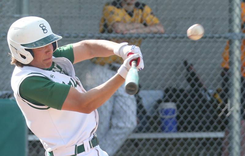 St. Bede's Nathan Husser smacks a hit against Putnam County on Tuesday, April 30, 2024 at St. Bede Academy.