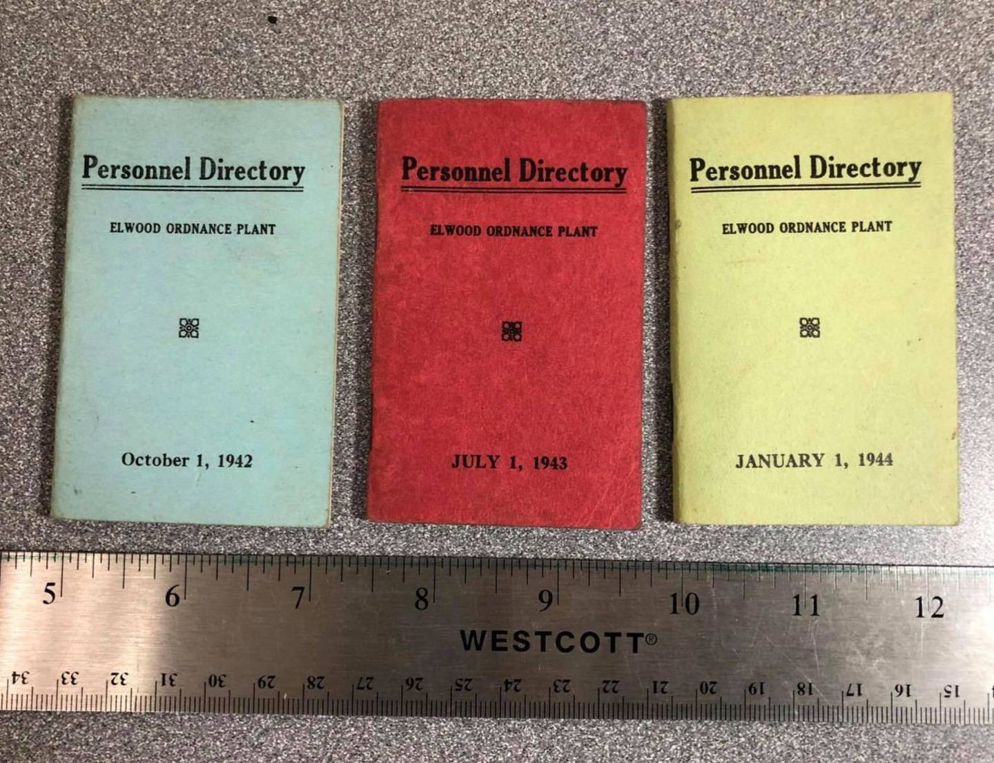 Pictured are pocket-sized plant personnel directories from 1942, 1943, and 1944: Since, during those years, the plant employed as many as 21,000 employees, the directories only contain contact info for supervisory, management and emergency services personnel. Joe Wheeler, prairie archaeologist and heritage program manager for Midewin National Tallgrass Prairie, surmises distribution of theses directories was quite limited.