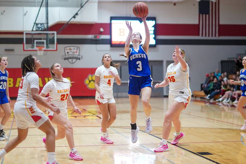 Geneva’s Hope Ieler (3) shoots the ball in the post against Batavia’s Sarah Hecht (35) during a basketball game at Batavia High School on Friday, Jan 26, 2024.