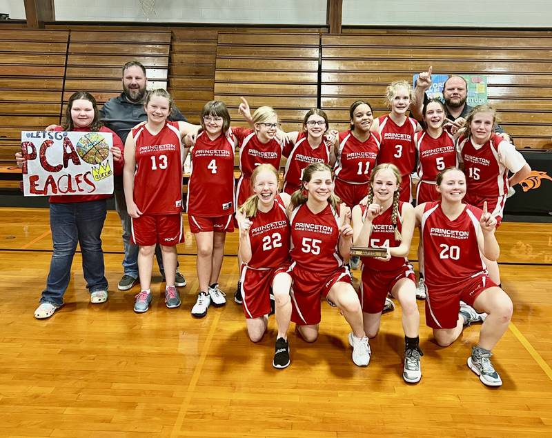 Princeton Christian Academy won the BVEC Tournament championship, defeating top seed Malden, 19-16, Tuesday night at Bradford. Team members are (front row, from left) Amelia Baker, Elyse Anderson,Abby Harris, Isla Bayer; (back row) Makaylee McCoy, Coach Corey Friel, Myla McCoy, Kinsley Wall, Annalise Baker, Elise House, Izzy Luft, Karlie Schultz, Kaylyn Friel, Coach Mitch McCoy and Alice Scruggs.