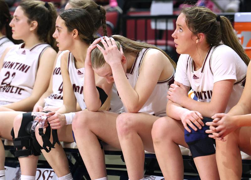 The Montini bench reacts as the time ticks off the clock during their loss to Lincoln Friday, March 1, 2024, in the IHSA Class 3A state semifinal at the CEFCU Arena at Illinois State University in Normal.