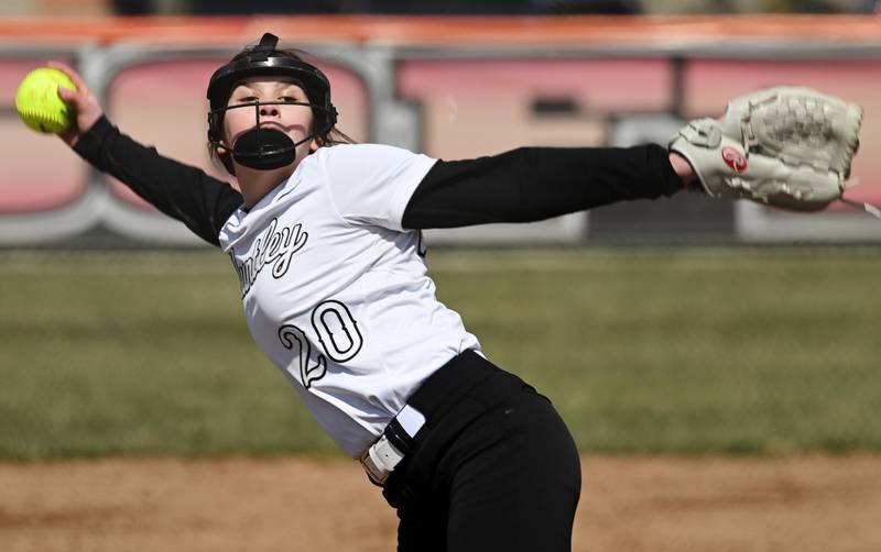 Huntley pitcher Makayla Rasumussen delivers against St. Charles East on Thursday, March 28, 2024 in St. Charles.