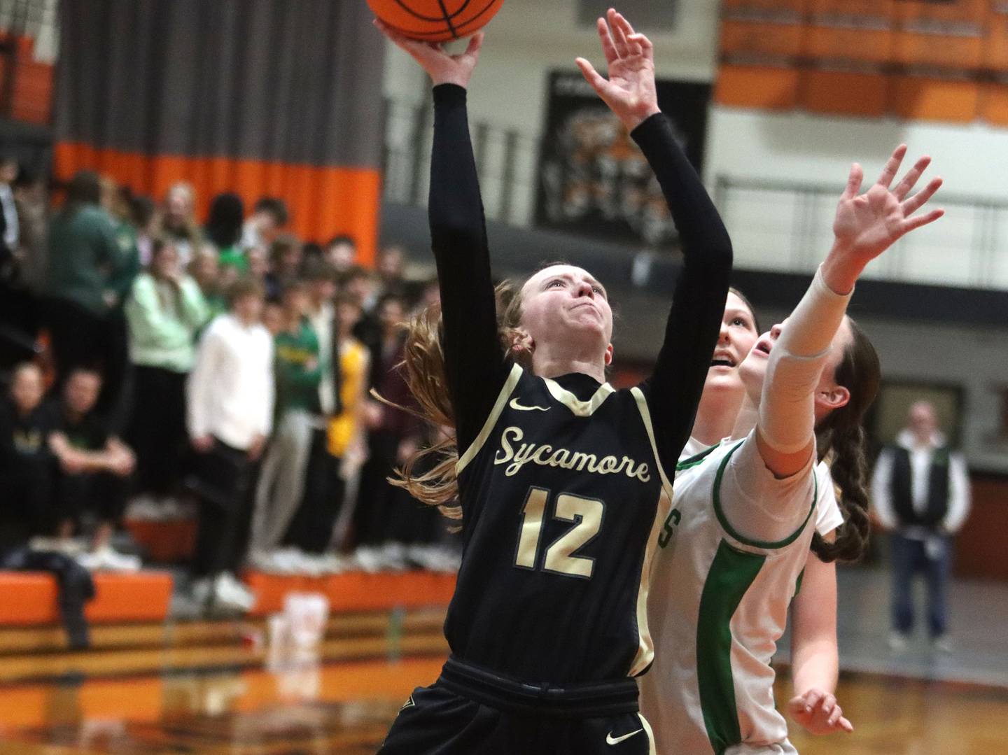Sycamore’s Sadie Lang heads for the hoop against Crystal Lake South in girls IHSA Class 3A Sectional basketball on Tuesday, Feb. 24, 2026, at Crystal Lake Central High School in Crystal Lake.