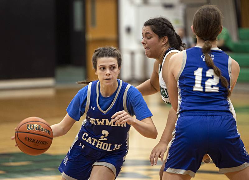 Newman’s Helen Papoccia handles the ball against Rock Falls Thursday, Nov. 16, 2023.