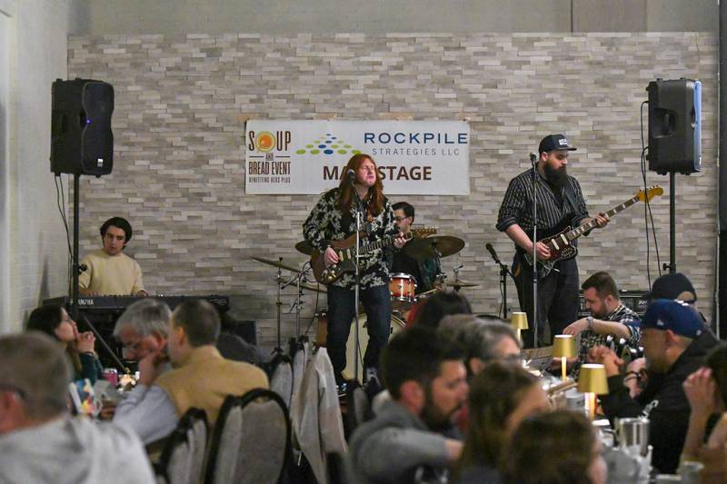 The Vaughn Building Band performs during the Soup and Bred fundraiser for Beds Plus on Sunday Feb. 2,2025, at the Countryside Holiday Inn Banquet Center.