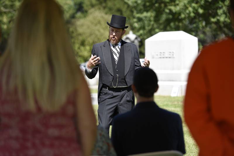Ben Keller, of Bourbonnais, portrays Hamilton Kincaid Wheeler, who was a local attorney and politician at Mound Grove cemetery in Kankakee on Sunday, August 24, 2025.