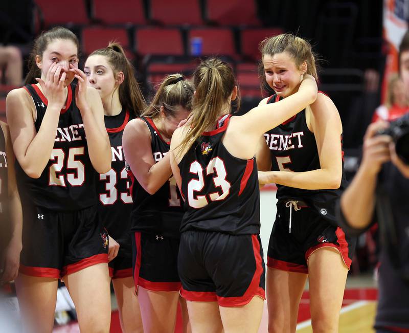 Benet Academy reacts after losing to O’Fallon during the IHSA Class 4A girls basketball championship game at the CEFCU Arena on the campus of Illinois State University Saturday March 4, 2023 in Normal.
