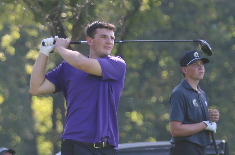 Dixon's Max Kitzman tees off during the Pirate Invitational on Monday, Sept. 15, 2025 at Deer Park Golf Club in Oglesby.