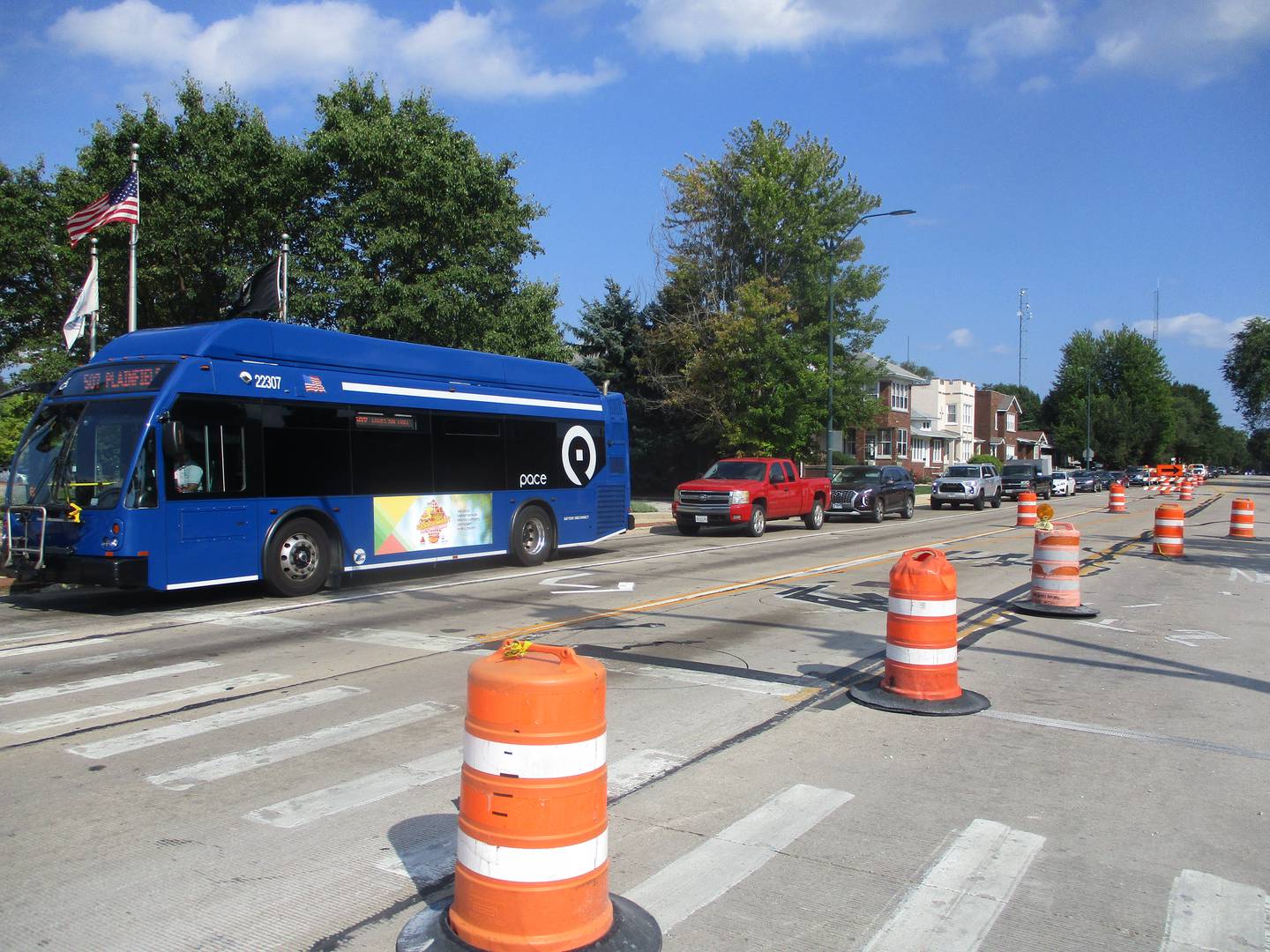 Traffic lines up Saturday on Plainfield Road approaching the Six Corners intersection in Joliet, the site of an ongoing construction project. Aug. 9, 2025