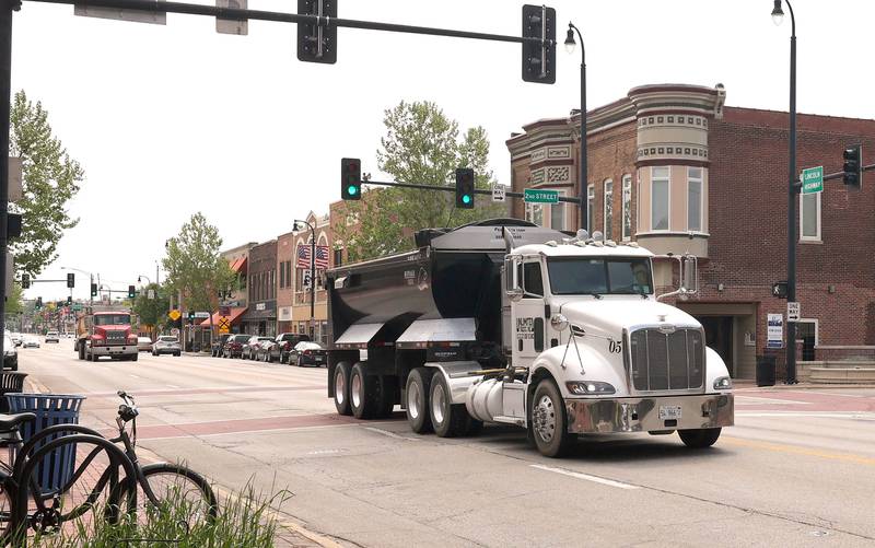 A truck goes through the intersection of Lincoln Highway and Second Street Tuesday, May 24, 2022 in DeKalb. Road construction will be starting soon on the section of Lincoln Highway between First and Fourth Streets.