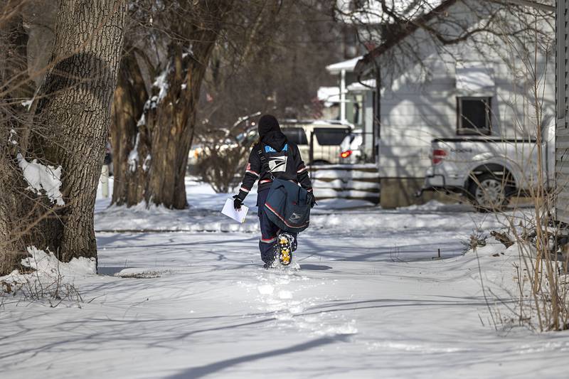 Postal carrier Lindsay Buford trudges through the snow Monday, March 16, 2026, making her rounds. The Sauk Valley was socked with a late-season blizzard, blanketing the area and bringing high winds and drifting.