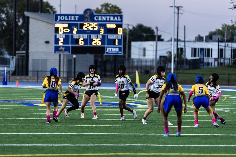 Joliet West's Maya Zanzola scans the field during a varsity flag football game against Joliet Central at Joliet Central on Oct. 2, 2025.