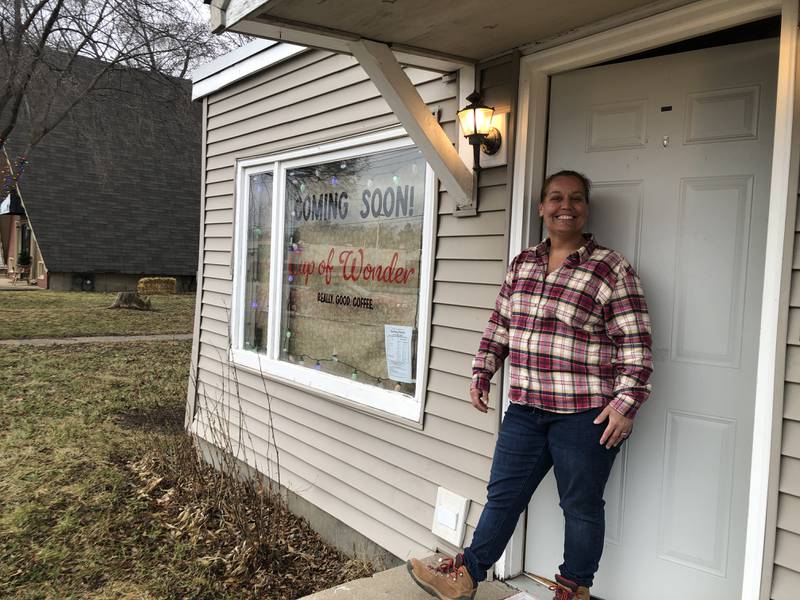 Sarah Dycus at the Wonder Lake building she is renovating to build Cup of Wonder, the coffee shop she plans to open this spring. It is the first commercial building permit ever approved by the Wonder Lake Village Board, according to her husband, Village President Dan Dycus.