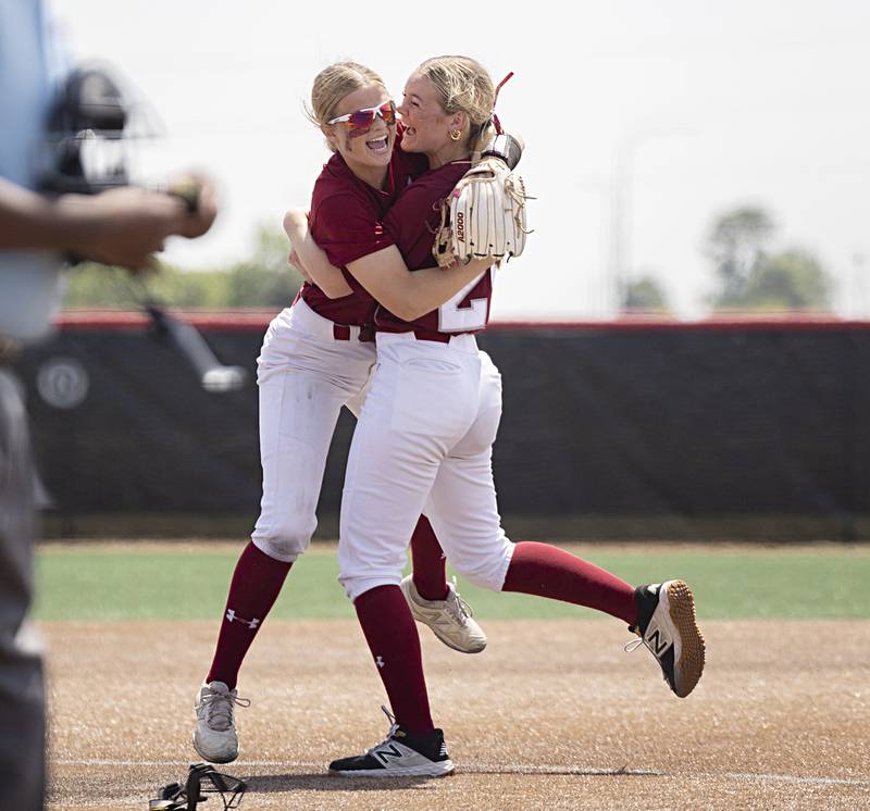 Antioch celebrates their 3-0 win over Chalrelston Friday, June 9, 2023 in the class 3A state softball semifinal.