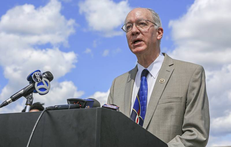 Congressman Bill Foster, D-Naperville, can be seen speaking to the media Tuesday, Aug. 18, 2020, at the Ken Christy Post Office in Aurora, Ill., during a press conference condemning President Donald Trump's effort to limit the United States Postal Service.