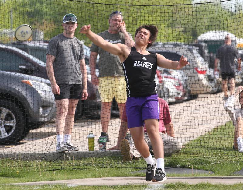 Plano's Armando Martinez throw discus during the I-8 Boys Conference Championship track meet on Thursday, May 11, 2023 at the L-P Athletic Complex in La Salle.