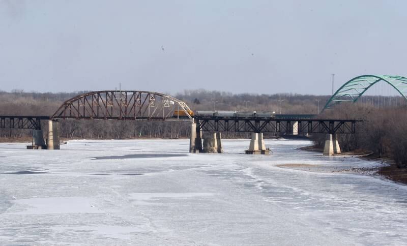 A view of a frozen Illinois River on Tuesday, Jan. 21, 2025 on top of the Shippingsport Bridge near La Salle.
