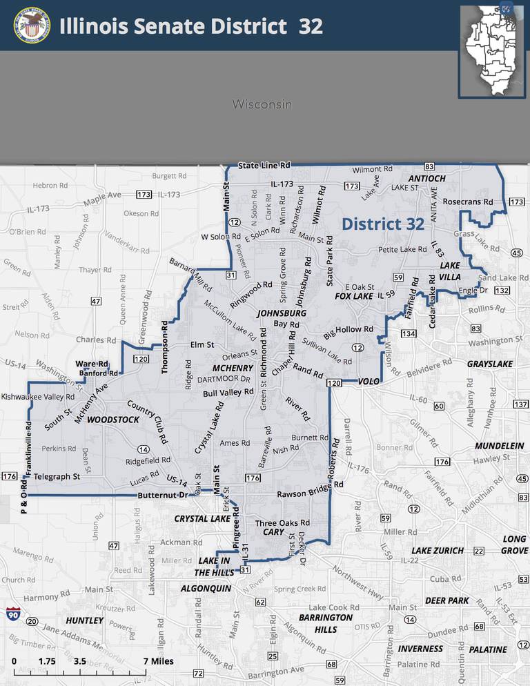 Illinois State Senate District 32, which includes parts of northern Lake and McHenry counties, including Cary, Woodstock, McHenry, Johnsburg, Fox Lake, Lake Villa and Antioch.