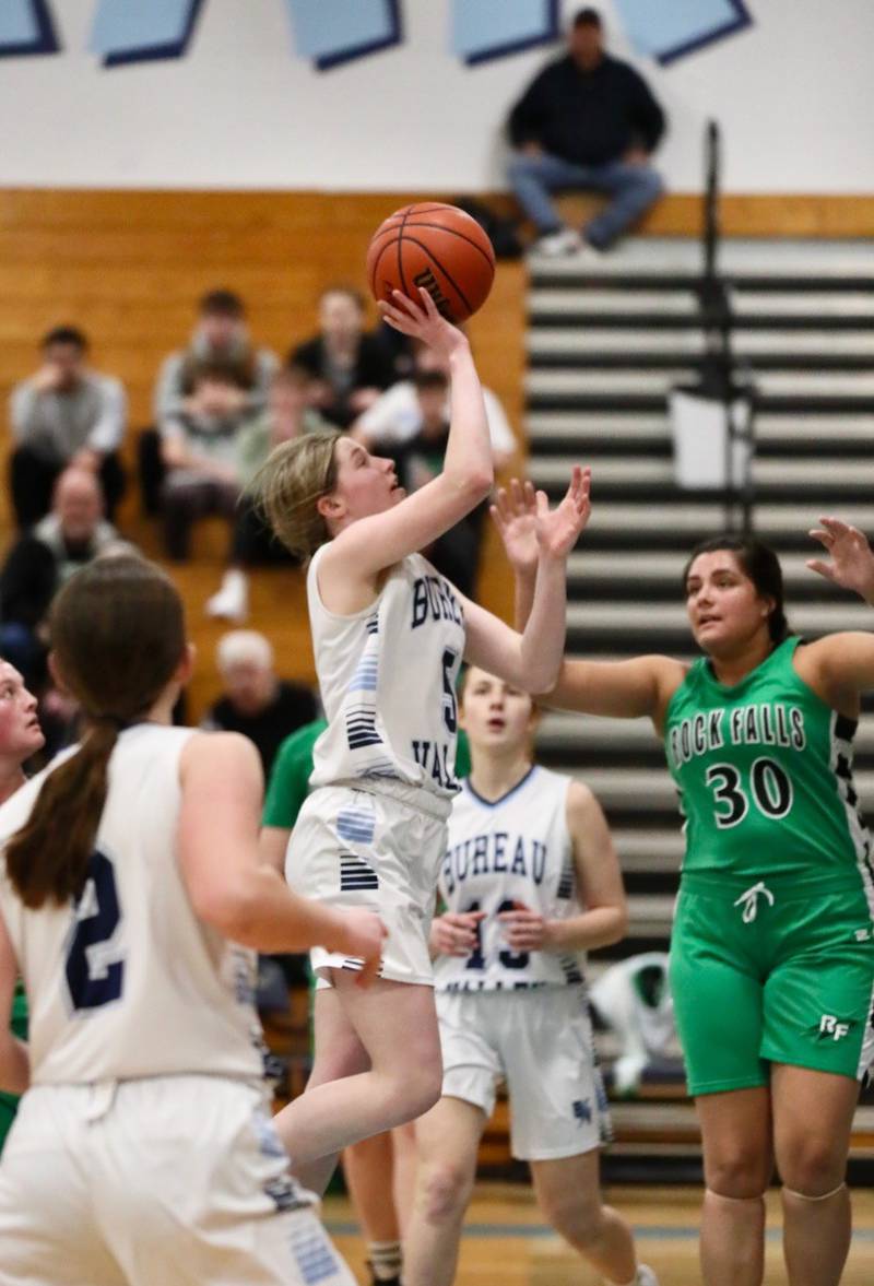 Bureau Valley senior Kate Salisbury  shoots against Rock Falls in Saturday's regional game at the Storm Cellar.