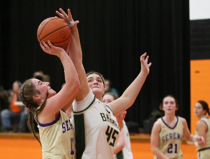 St. Bede's Savannah Bray draws a foul on Serena's Rayelle Brennan during the Class 1A Sectional final game on Thursday, Feb. 22, 2024 at Gardner-South Wilmington High School.