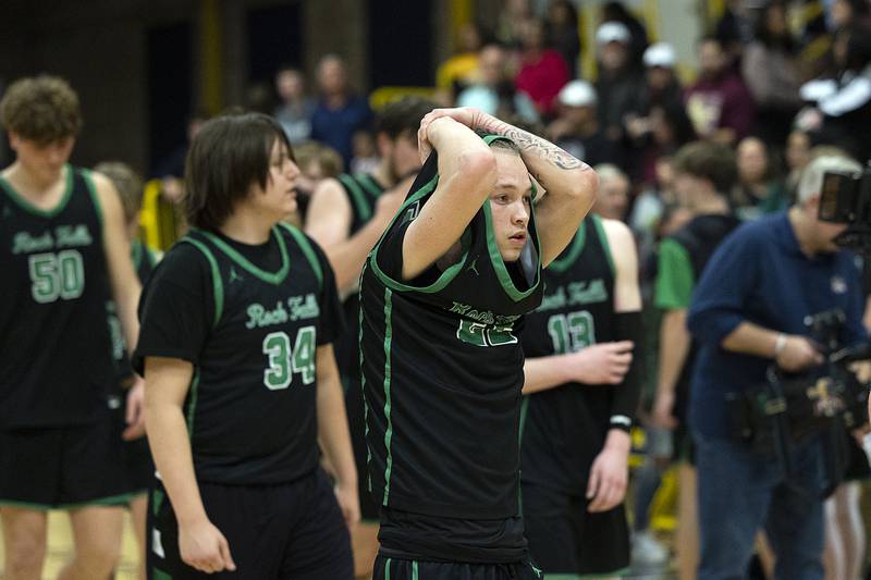 Rock Falls’ Nehemiah Menendez walks off the court following the Rocket’s 58-44 loss to Christ the King Monday, March 10, 2025, during the Class 2A boys basketball Supersectional in Sterling.