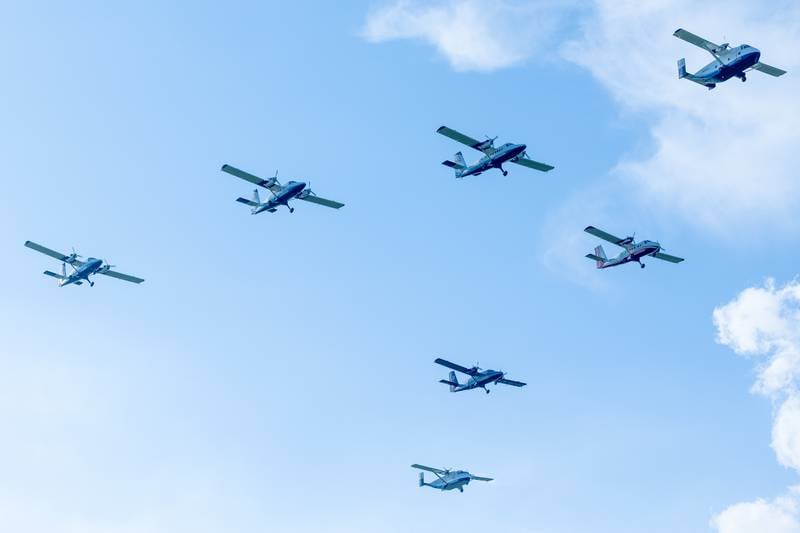 Planes perform flyover in formation on Friday, Aug 22, 2025 above Skydive Chicago in Ottawa.