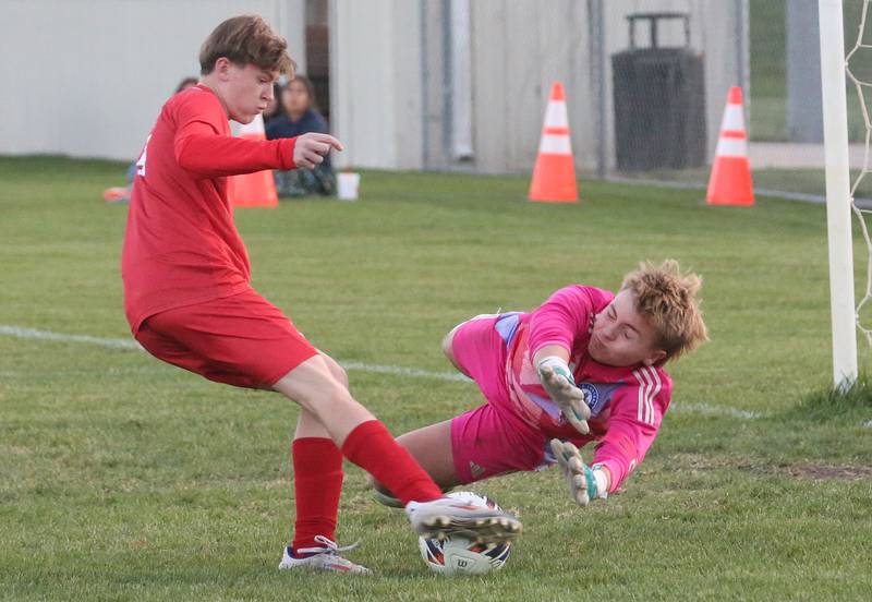 L-P's Zac Pescetto kicks the ball into the hands of Streator keeper Seth Zito during the Class 2A Regional semifinal game on Monday, Oct. 20, 2025 at Ottawa High School.
