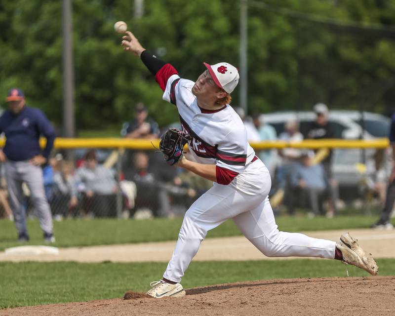 Plainfield North's Jackson Schlott (24) delivers a pitch during Class 4A Plainfield North Regional final baseball game between Oswego at Plainfield North. Saturday, May 31, 2025 in Plainfield.