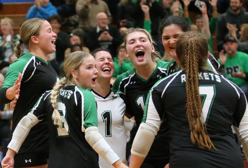 Members of the Rock Falls volleyball team react after defeating Illinois Valley Central during the Class 2A Sectional final game on Wednesday, Nov. 1, 2023 at Princeton High School.