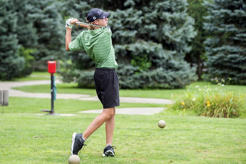 Rock Falls’ Carter Dillon watches his tee shot on #4 at Timber Creek Monday, August 15, 2022.