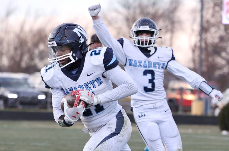 Nazareth's Lesroy Tittle seals the win for his team with an interception of a Sycamore pass late in the fourth quarter Saturday, Nov. 18, 2022, during their state semifinal game at Sycamore High School.