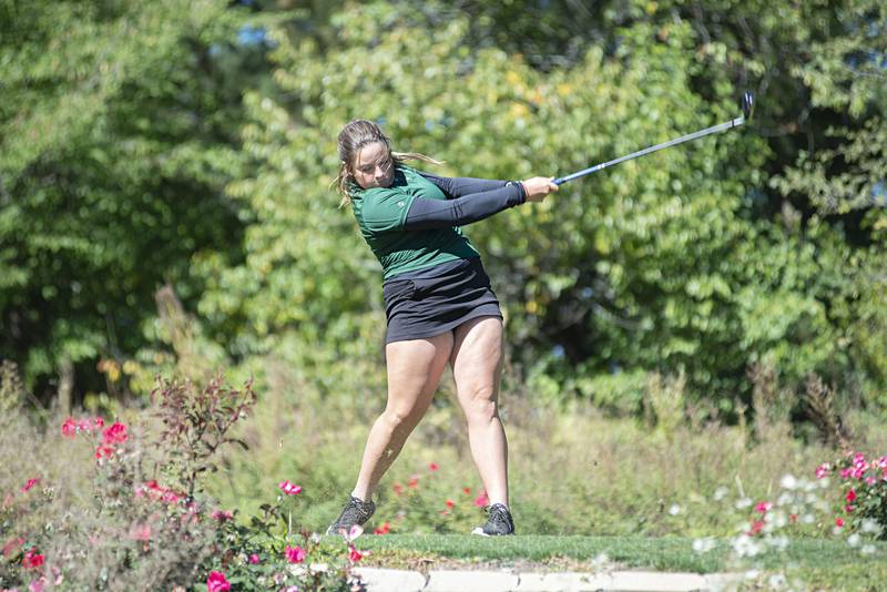 St. Bede’s Erin Dove drives off the #6 tee at Deer Valley during class A girls regional golf Thursday, Sept. 29, 2022.