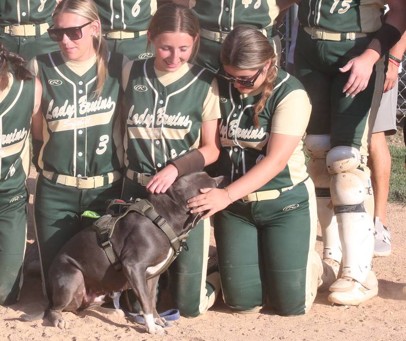 St. Bede players pet Kyra the team dog after defeating Biggsville in the Class 3A Sectional championship on Friday, May 26, 2023 at St. Bede Academy.