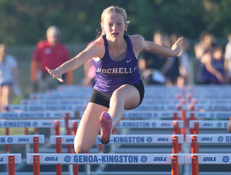 Rochelle’s Emma Osborne runs the 100 meter hurdles Friday, May 15, 2026, during the Class 2A girls track sectional at Genoa-Kingston High School.