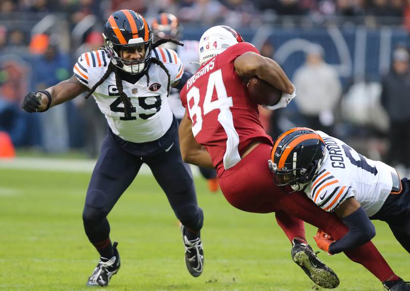 Chicago Bears linebacker Tremaine Edmunds and cornerback Kyler Gordon bring down Arizona Cardinals tight end Elijah Higgins during their game Sunday, Dec. 24, 2023, at Soldier Field in Chicago.