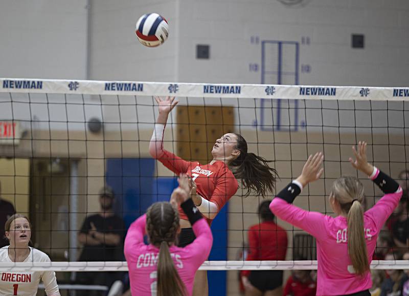 Oregon’s Kenna Wubbena works the net against Newman Wednesday, Sept. 6, 2023 in a game at Newman High School.