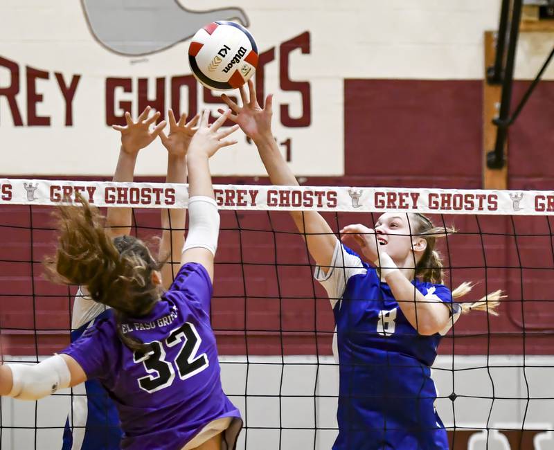 Princeton sophomore Keighley Davis makes a block attempt in Tuesday's regional play at Chillicothe. The Tigresses saw their season end with a 25-17, 25-20 loss to El Paso-Gridley.