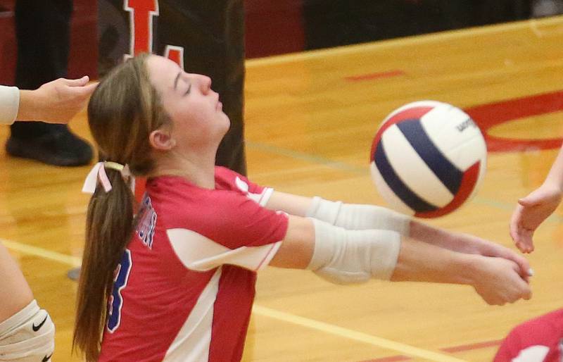 Princeton's Bella Clevenger returns a serve from Hall on Thursday, Oct. 9, 2025 at Hall High School.