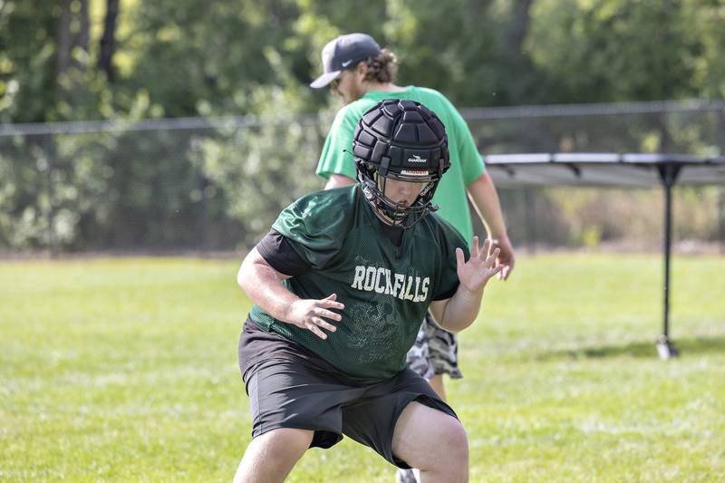 Rock Falls’ Peighton Ahlstram works on his footwork Tuesday, August 12, 2025. The team hit the gridiron for day two of practices ahead of the 2025 season.