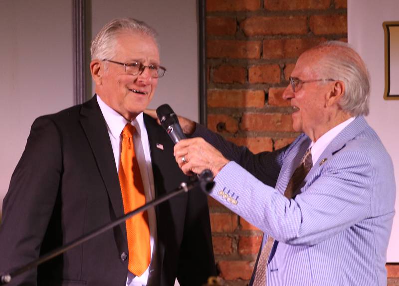 Eric Bryant is interviewed by Lanny Slevin Emcee during the Shaw Media Illinois Valley Sports Hall of Fame on Thursday, June 8, 2023 at the Auditorium Ballroom in La Salle. Bryant was a legendary basketball coach at DePue and Hall High School where he won two straight Class A runner-up finishes in 1996-1997 and 1997-1998.