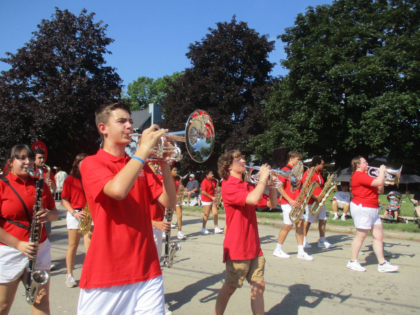 The Yorkville Community Band plays a patriotic tune as it marches in the Yorkville Independence Day parade on July 4, 2023.
