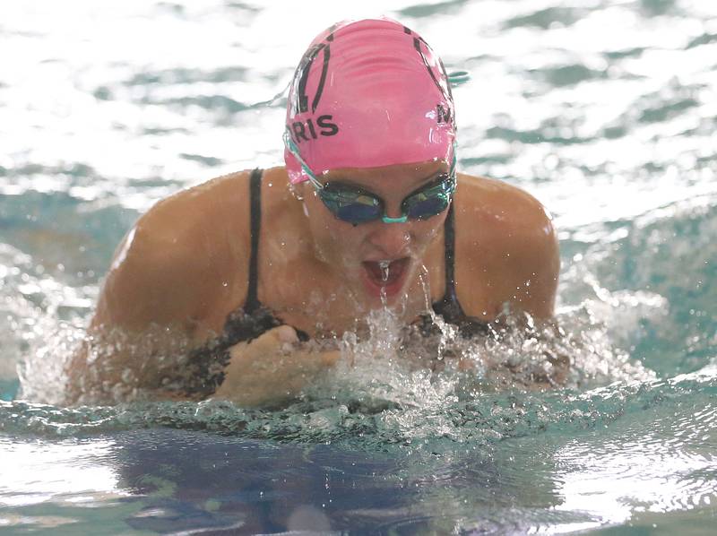 Morris's Caitlin Van Acker swims during the 200 yard relay on Tuesday, Oct. 8, 2024 at the Illinois Valley YMCA in Peru.