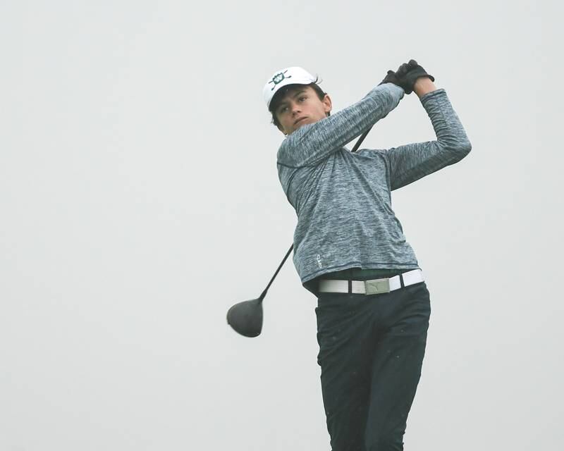 Glenbard West's golfer Brian Bare tees off during the West Suburban golf match on Tuesday Sept. 24, 2024, held at Prairie Bluff Golf Course in Crest Hill.