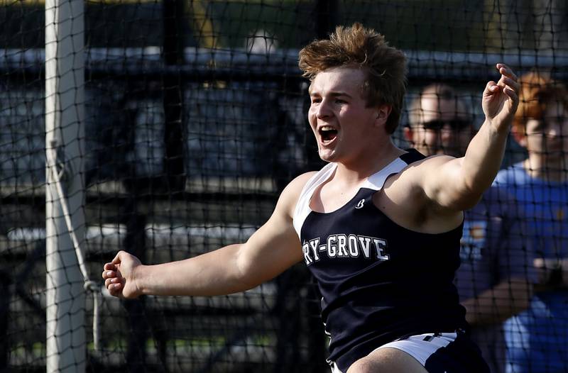 Cary-Grove’s Zachary Petko reacts to his discus throw during Fox Valley Conference boys track and field meet Friday, May 13, 2022, at Crystal Lake Central High School.
