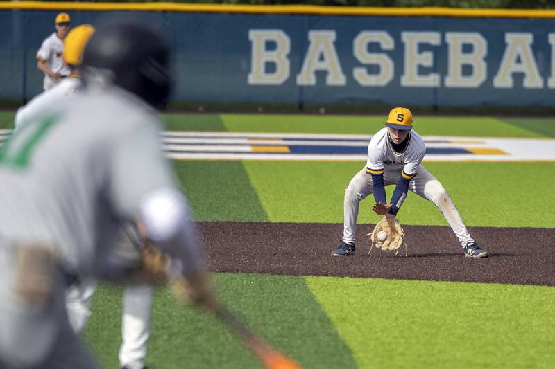 Sterling’s Danny Martinez scoops a ball at second for an out against Geneseo Wednesday, May 6, 2026.